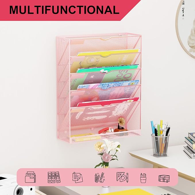 GDINDINFAN Hanging Wall File Organizer 6 Tier Wall Mounted Mail Paper Folder - Image 6