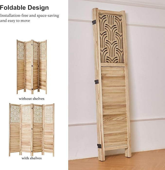 Svimi Folding Room Divider, 66.9 Inch 4 Panels Wood Carved Privacy Screens - Image 5