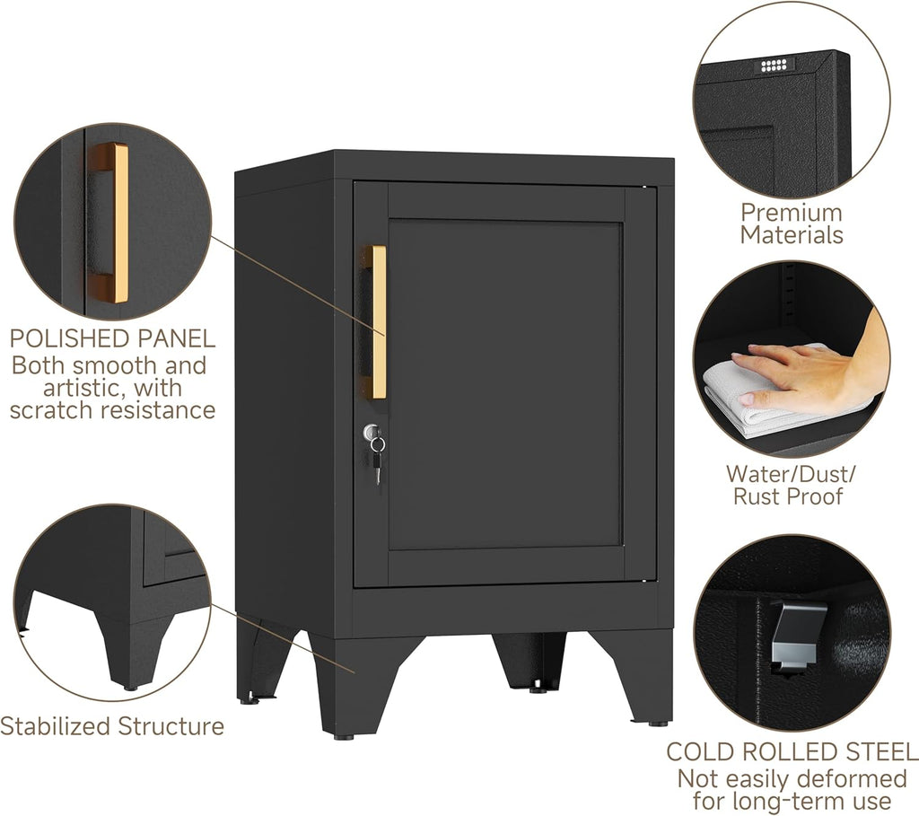 23.6" H Black Metal NightStand Locker Storage Cabinet with 1 Doors, Small Lockable Night Stand with Lock and 1 Adjustable Shelve for Bedroom Living Room Home Office