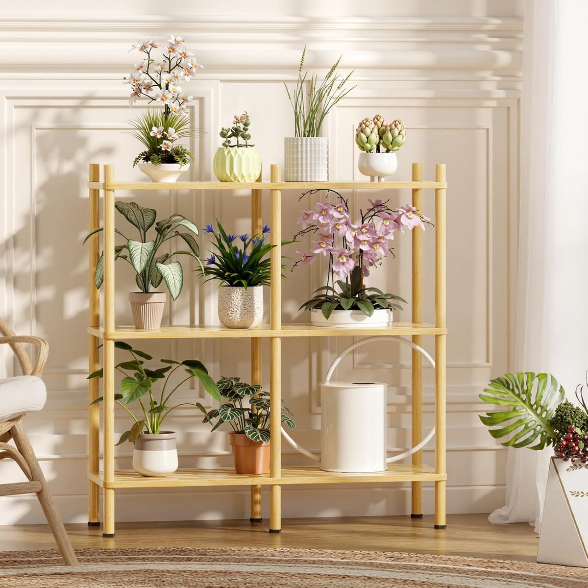 3 Tier Book Shelf, Wide Bamboo Bookshelf, Bookcase with 6 Open Display Shelve...