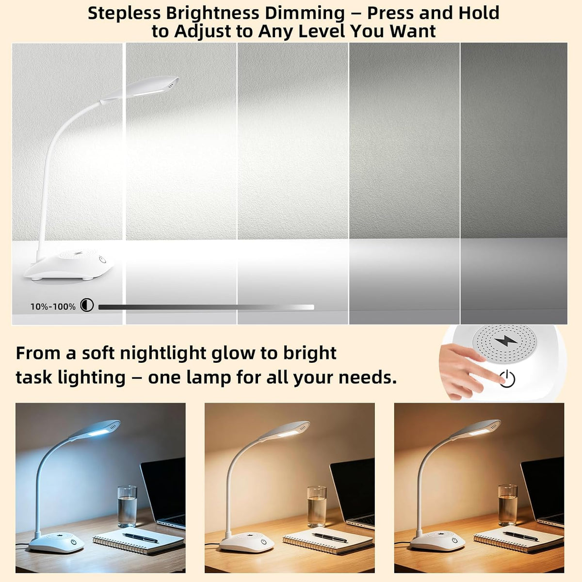 LED Desk Lamp with 15W Magnetic Wireless Charger, Stepless Dimming
