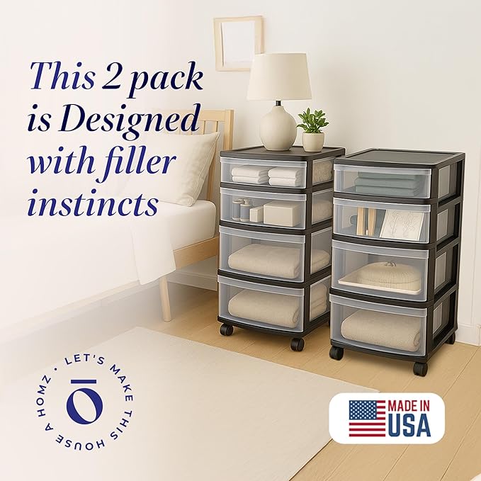 HOMZ 2-Pack Drawer Tower, 4-Tier Clear Plastic Storage Organizer Cart, and - Image 4