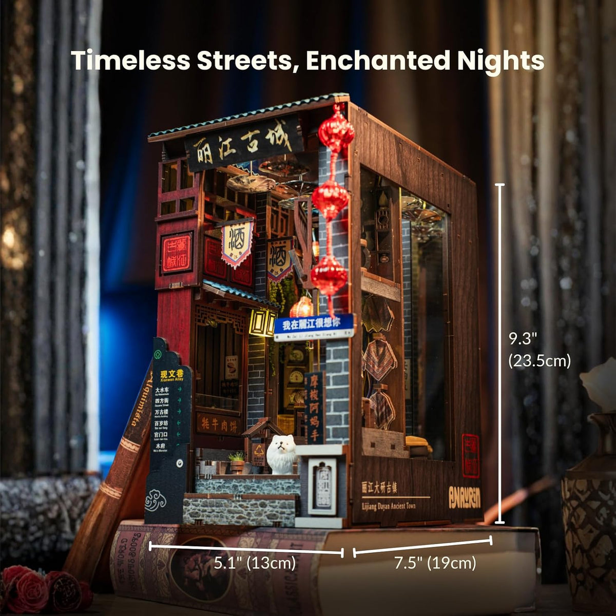 Lijiang Ancient Town DIY 3D Wooden Booknook for Adults, Teens and Book Lovers, Bookshelf Insert Library Decor, Creative Gift for Family, Friends, and Elderly