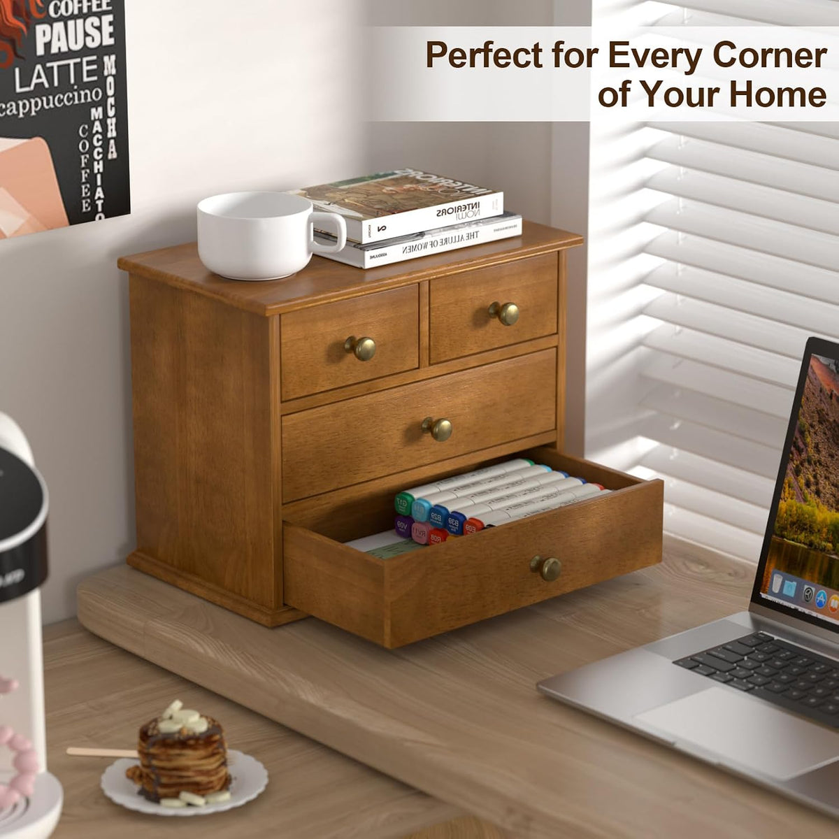 oak desk organizer with drawers, durable wooden desktop, side view
