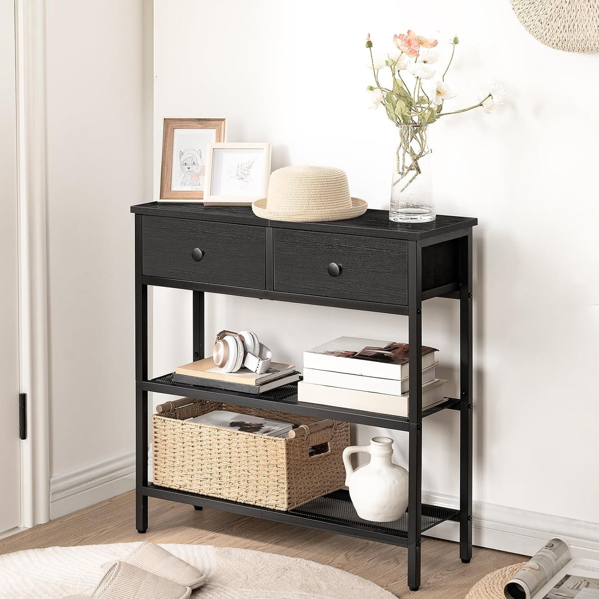 HOOBRO 29.5" Narrow Console Table with 2 Fabric Drawers, Small Sofa Table