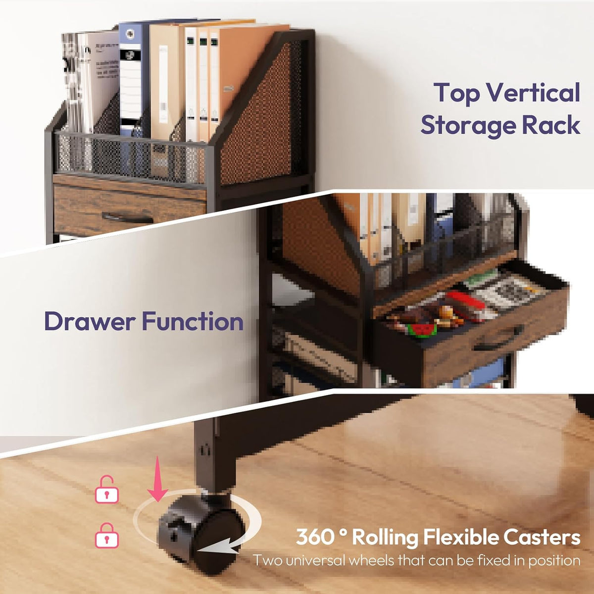 SWTYMIKI 9-Tier Rolling File Cart - Paper Organizer with Drawer and Trays, Wo...