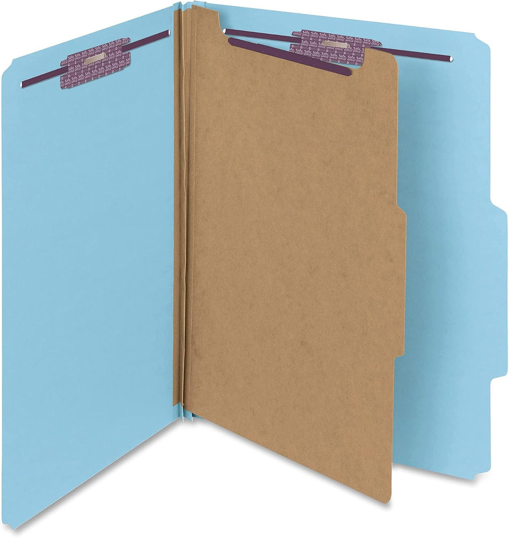 Smead Pressboard Classification File Folder with SafeSHIELD Fasteners, 1 Divider, 2" Expansion, Letter Size, Blue, 10 per Box (13730) (Pack of 1)