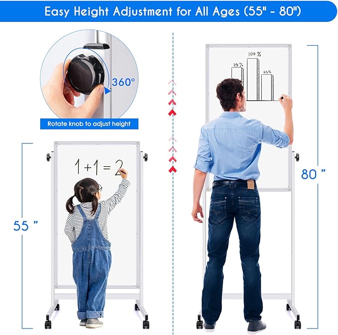 maxtek Rolling White Board, 48 x 24 Height Adjustable Whiteboard on Wheels - Image 2