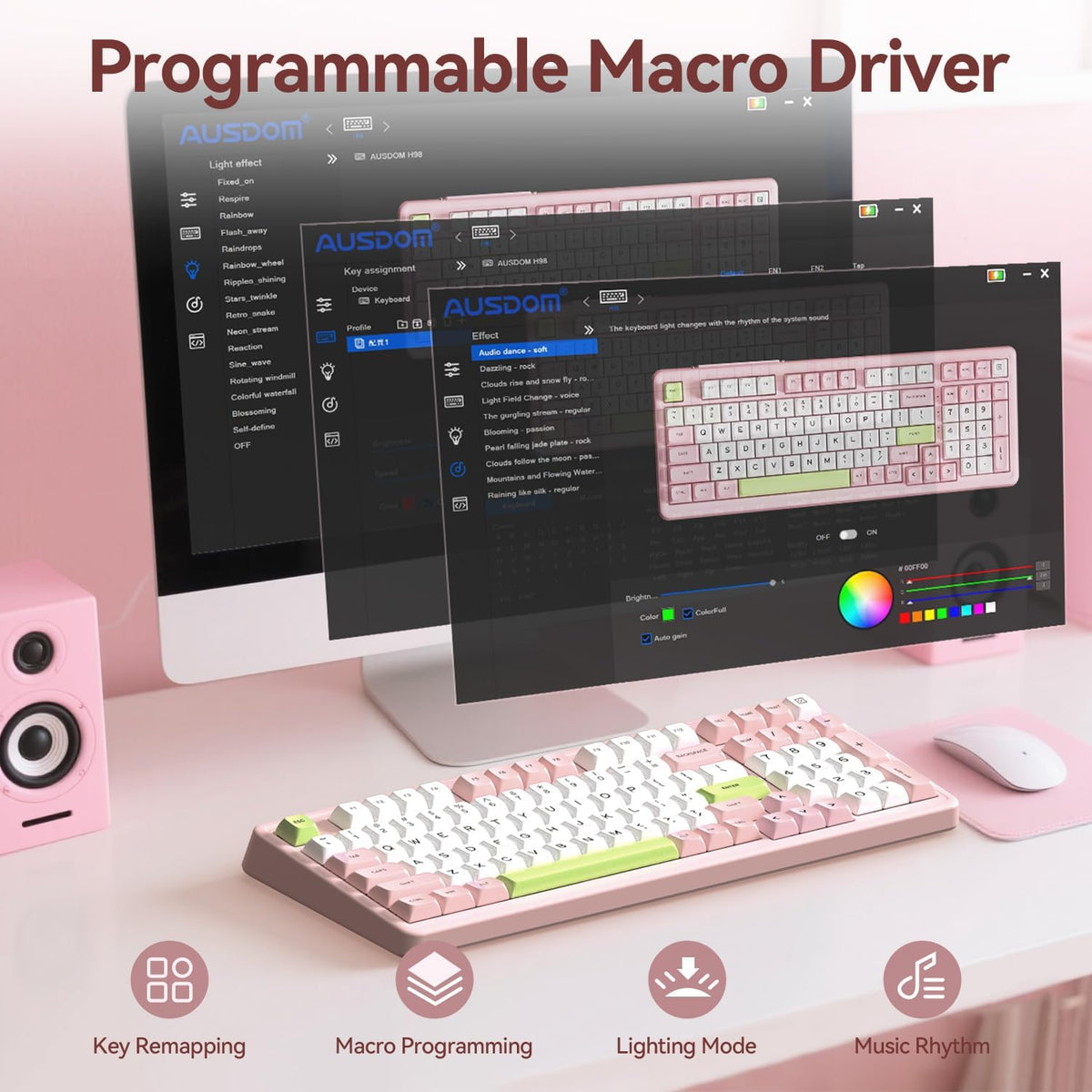 AUSDOM H98 Pink Creamy Mechanical Keyboard, 96% Silent Quiet Wireless Keyboar...