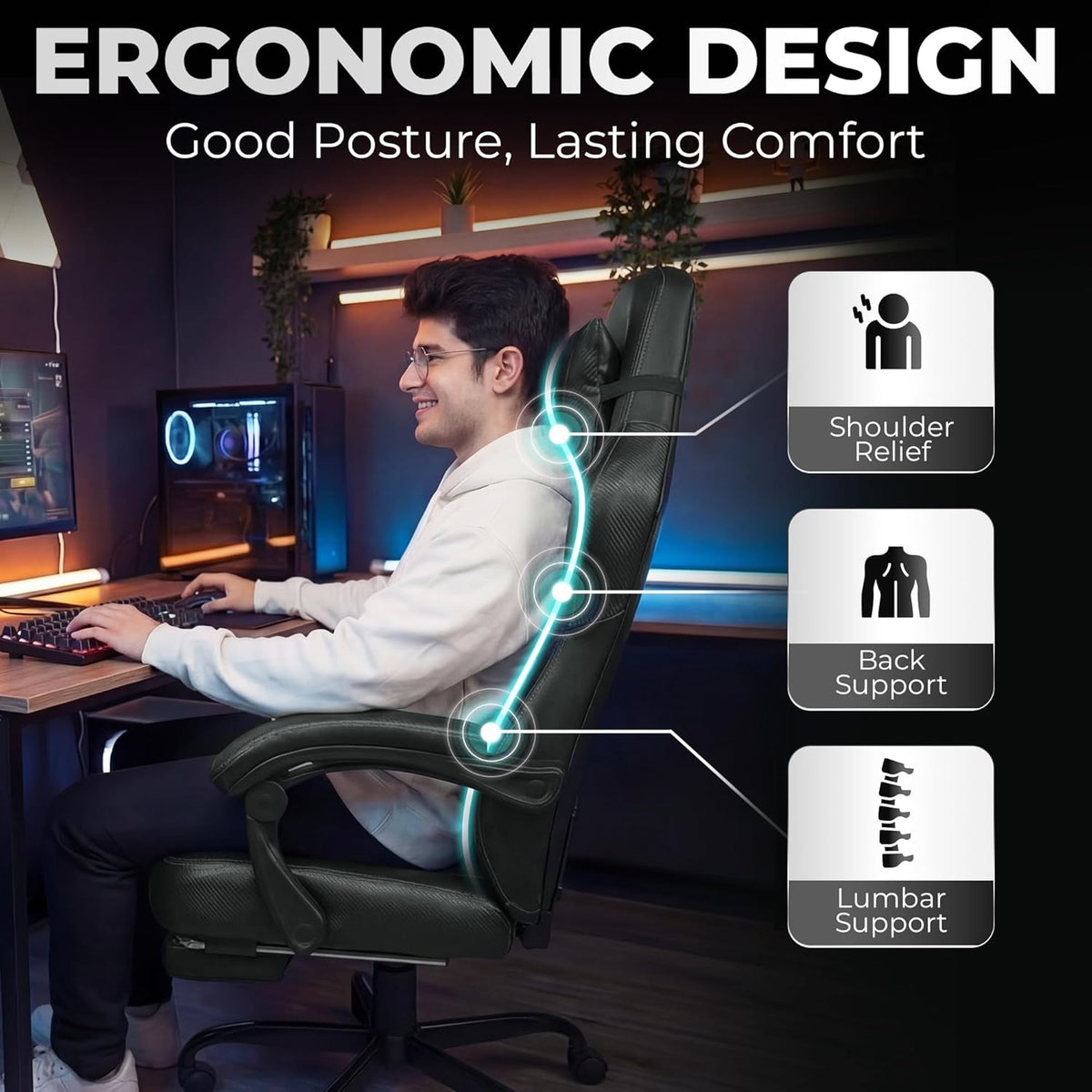 N-GEN GAMING Big & Tall Gaming Chair, Footrest, Lumbar Support, Dark Black