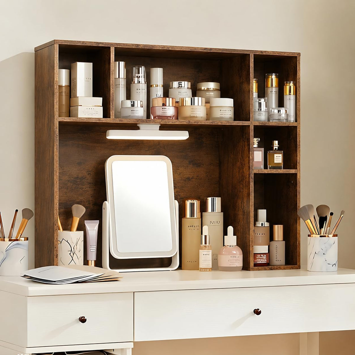 3 Tier Desktop Bookshelf with Rechargeable Eye-Friendly LED Desk Light, Desk ...
