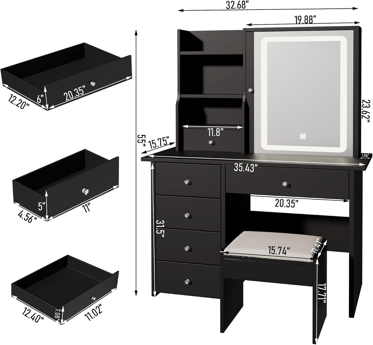 Vanity Desk with Mirror and LED Lights, Makeup Vanity Set with Power Outlet, ...