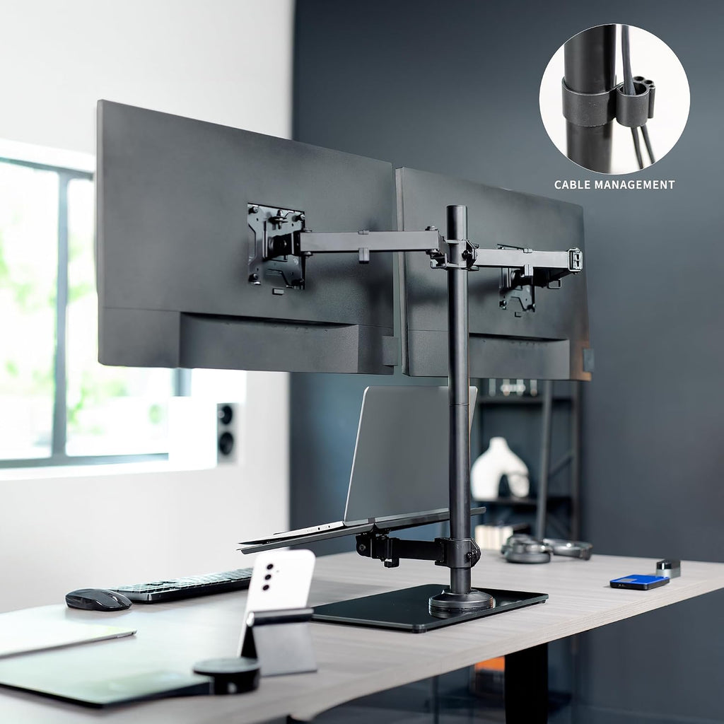 vivo freestanding dual computer monitor and laptop combo on a desk or shelf