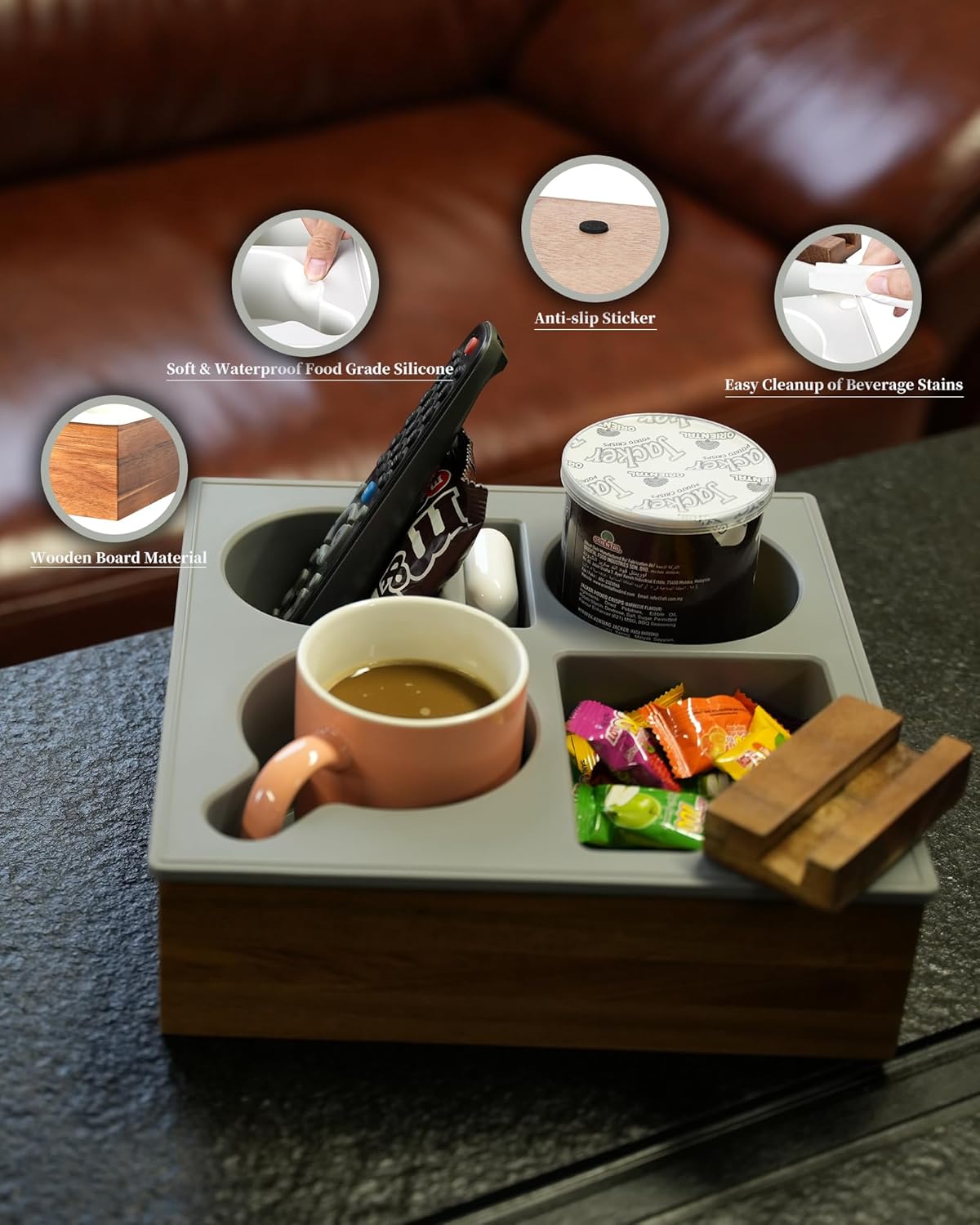 Couch Cup Holder Tray, Handy Soft Silicone Acacia Wooden Couch Caddy for Bed ...