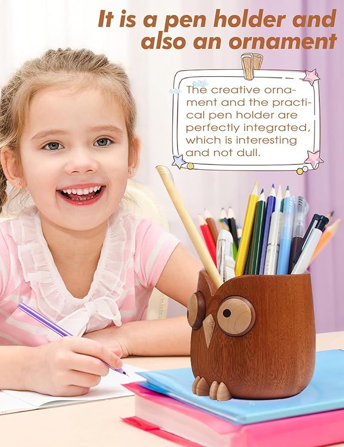 WODTILIFE Cute Owl Pen Holder for desk, funny wooden pencil holder - Image 2