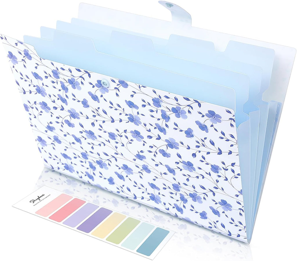 SKYDUE Expanding File Folder with 5 Pockets, Floral Accordion File Organizer for Important Document, Portable Receipt Paper Organizer, School Office Supplies,Blue