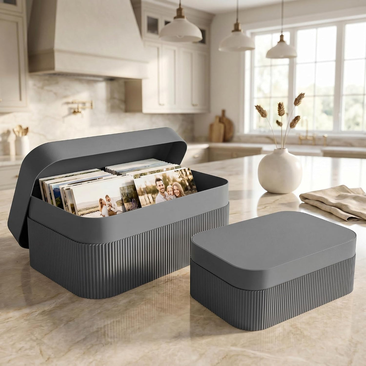 Decorative Storage Boxes with Lids - Set of 2 Fluted Photo Organizer Bins