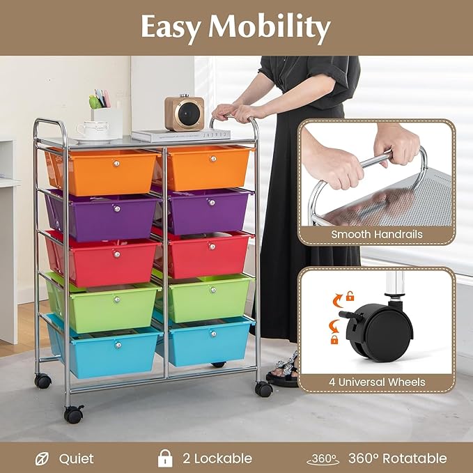 LDAILY 10 Drawer Rolling Cart, Storage Cart Organizer on Wheels, Drawer Cart - Image 4