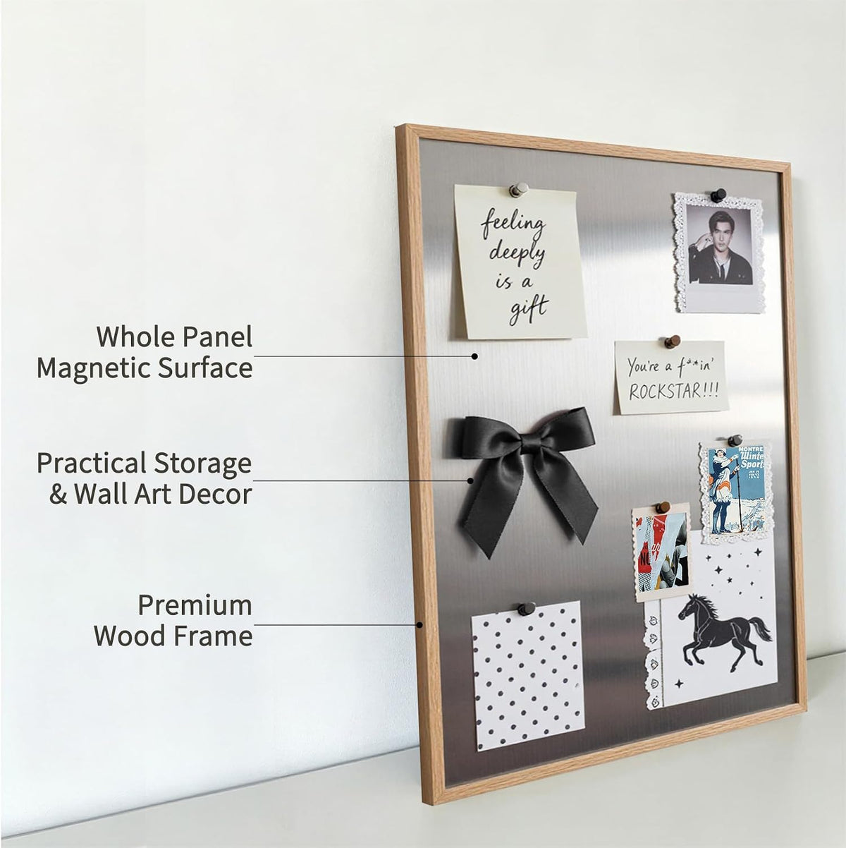 Wood Frame Stainless Steel Magnetic Bulletin Board for Wall