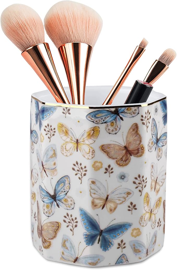 Jwest Pen Holder, Ceramic Shiny Gold Graphic Butterfly Pattern Pencil Cup - Image 2