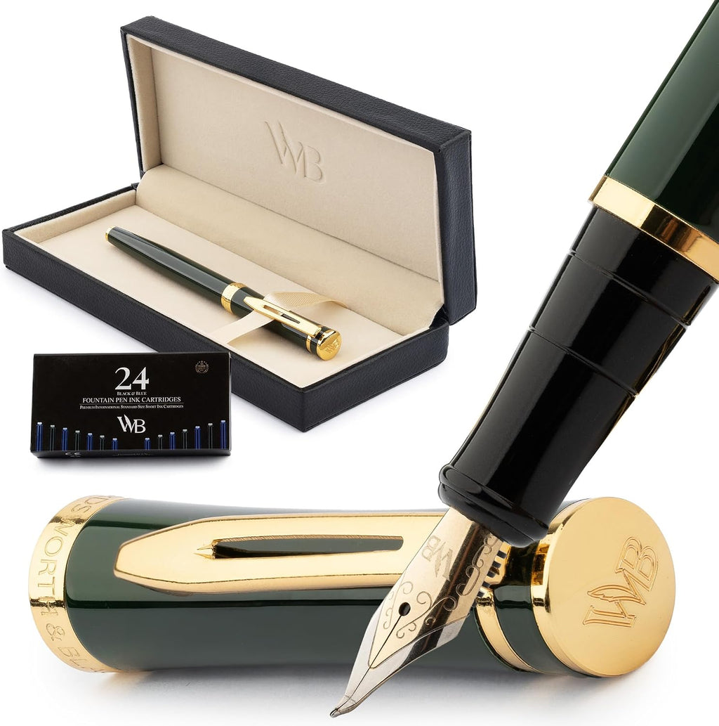 Wordsworth & Black Fountain Pen Set, Bent Nib, Includes 24 Pack Ink Cartridges