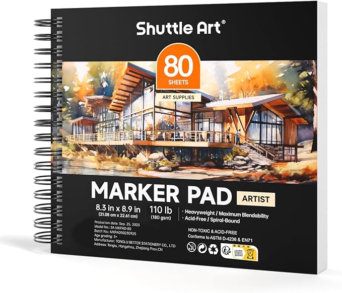 Shuttle Art Marker Pad, 8.3”x8.9” Portable Square Sketchbook, 80 Sheets Marker by ShuttleArt