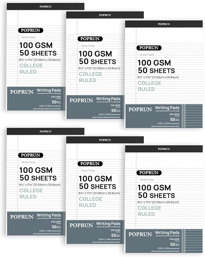 POPRUN White Legal Pads 8.5 x 11.75 College Ruled, 100GSM Writing Paper Pad by POPRUN