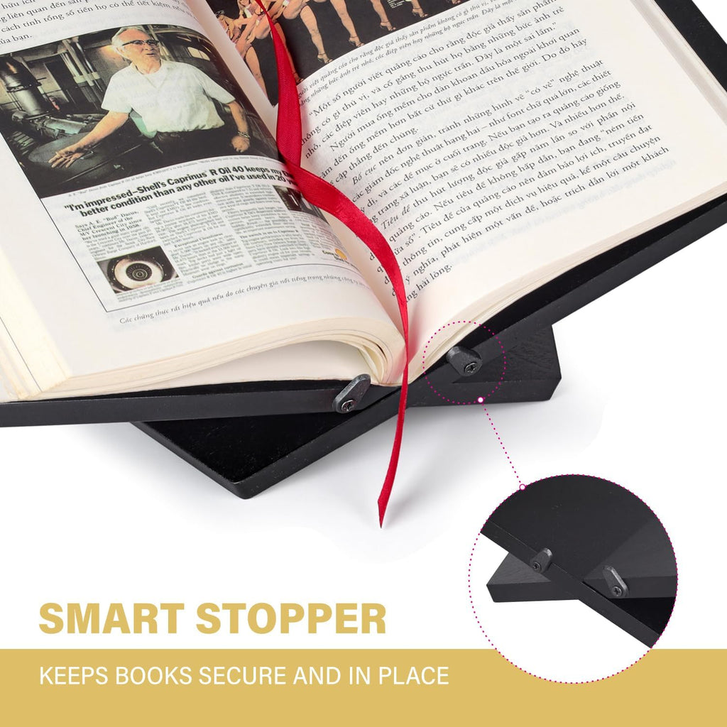Solid Wood Book Stand for Reading and Display, Foldable Book Holder for Cookbooks, Art Books, Bibles, Magazines – Open Book Stand for Kitchen, The Front Stopper Helps Prevent Books from Sliding.