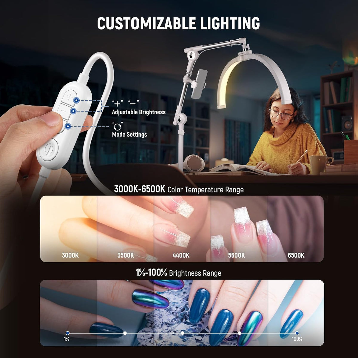 NEEWER Basics 22" Half Moon Lash Light with Articulating Desk Clamp Moun...