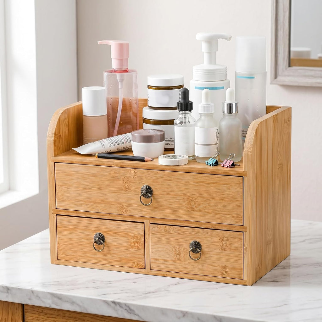 nicunom bamboo desk organizer, 3-tier bamboo tabletop storage, front angle view