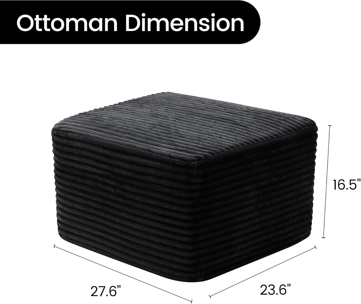 Boneless Ottoman, 27.6" Corduroy Ottoman Footrest for Boneless Couch, Black