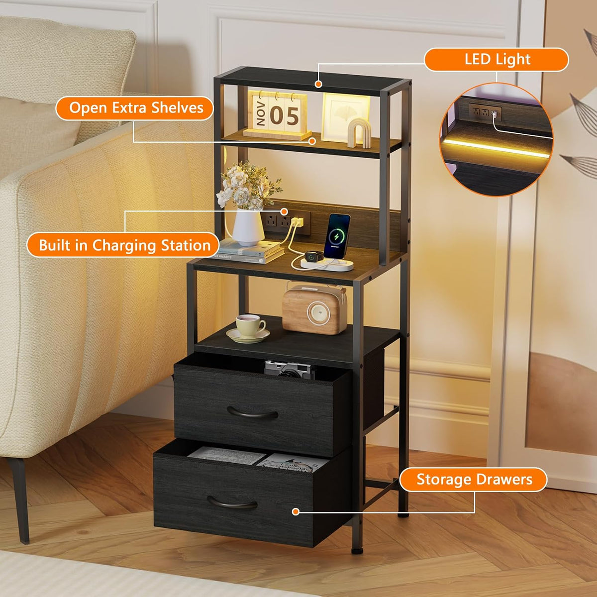Furnulem Night Stand, Tall Nightstand with 4-Tier Shelves, 2 Fabric Drawers