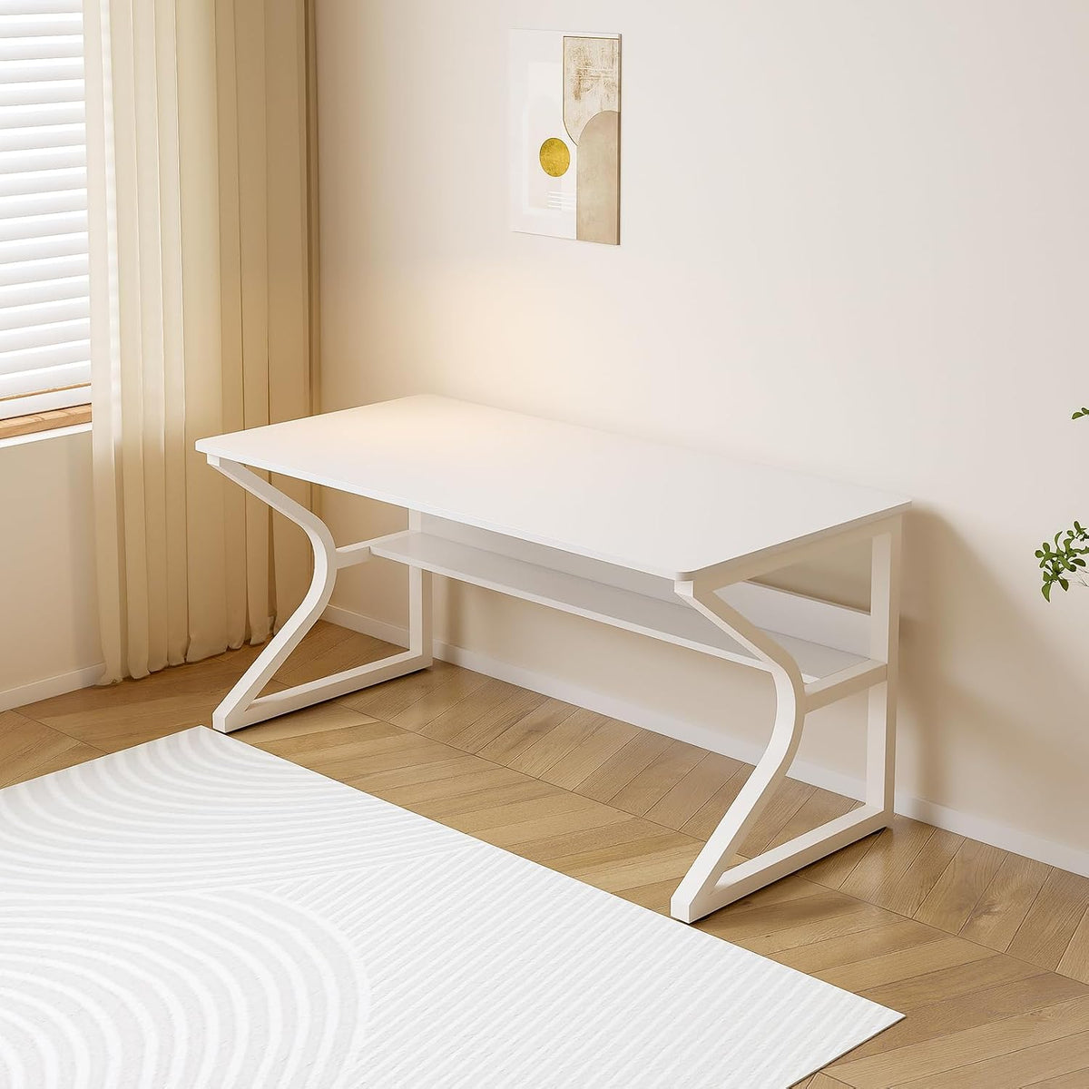 OSCHF 47.3-Inch Writing Desk with Storage Shelf, Warm White