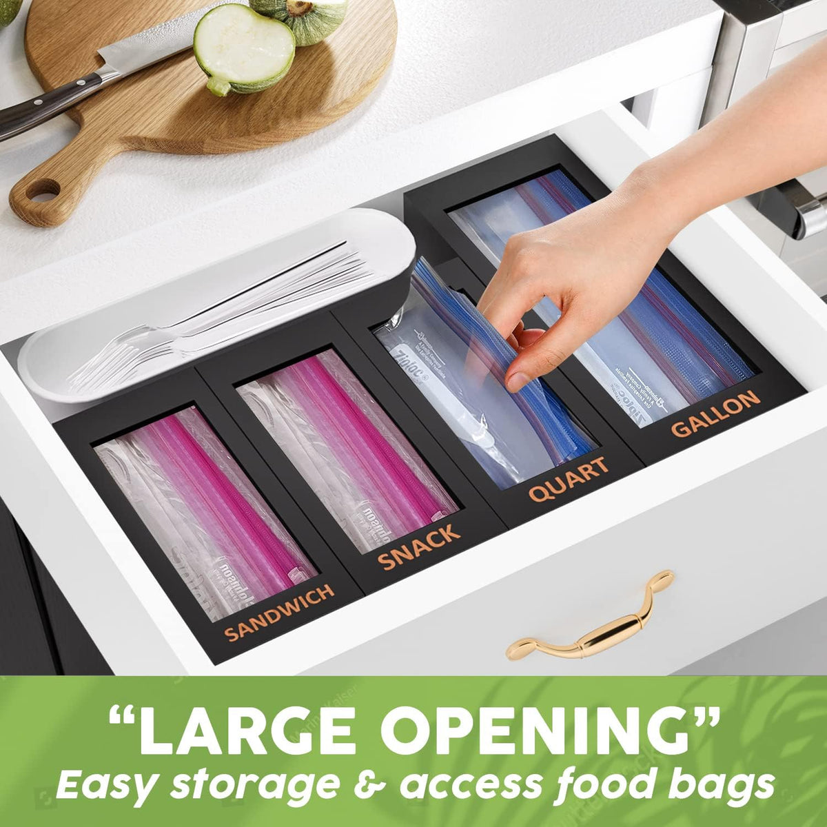 DALSHABET Bamboo Storage Bag Organizer for Kitchen Drawer, 4 Separate Food St...