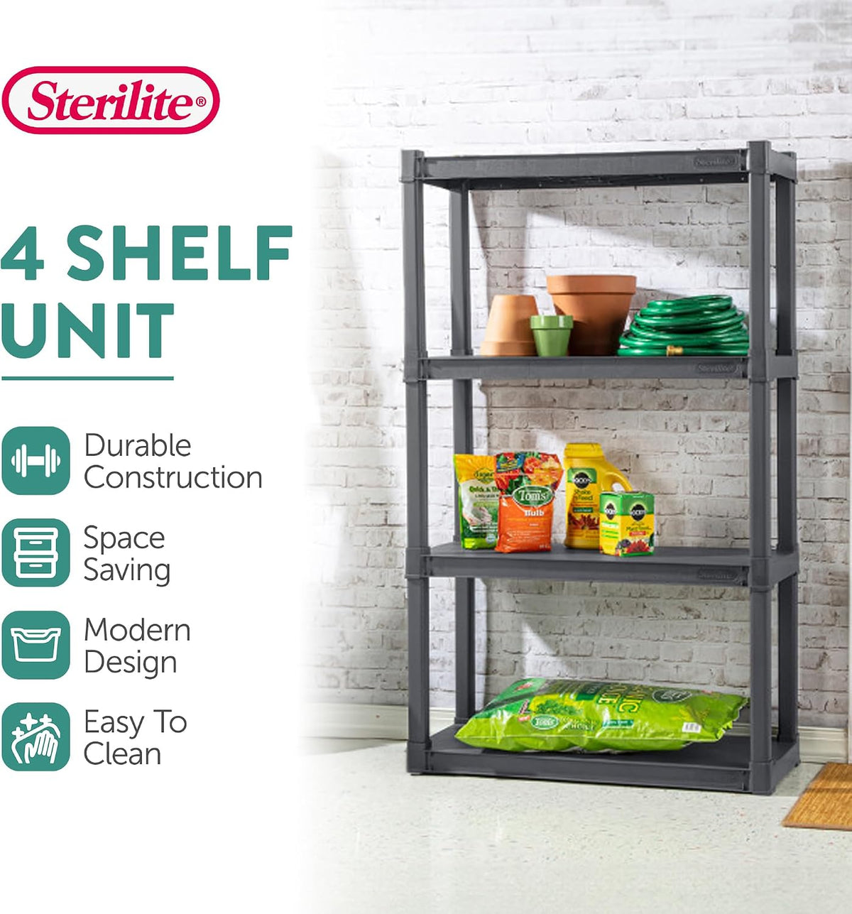 sterilite 4 shelf unit, heavy-duty plastic storage &, side view