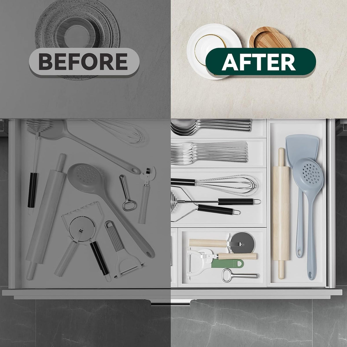Lixple Bamboo Kitchen Drawer Organizer, 2 Pack, 12" x 3" x 2",...