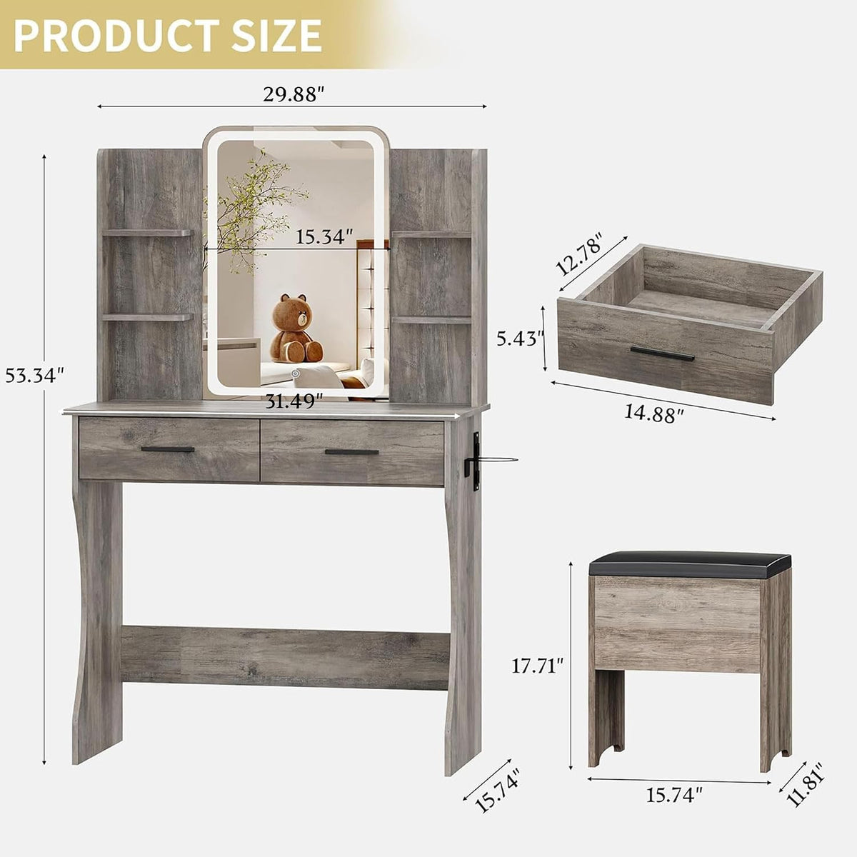 Vanity Desk with LED Lights Mirror & Power Outlet, Small Makeup Vanity Ta...