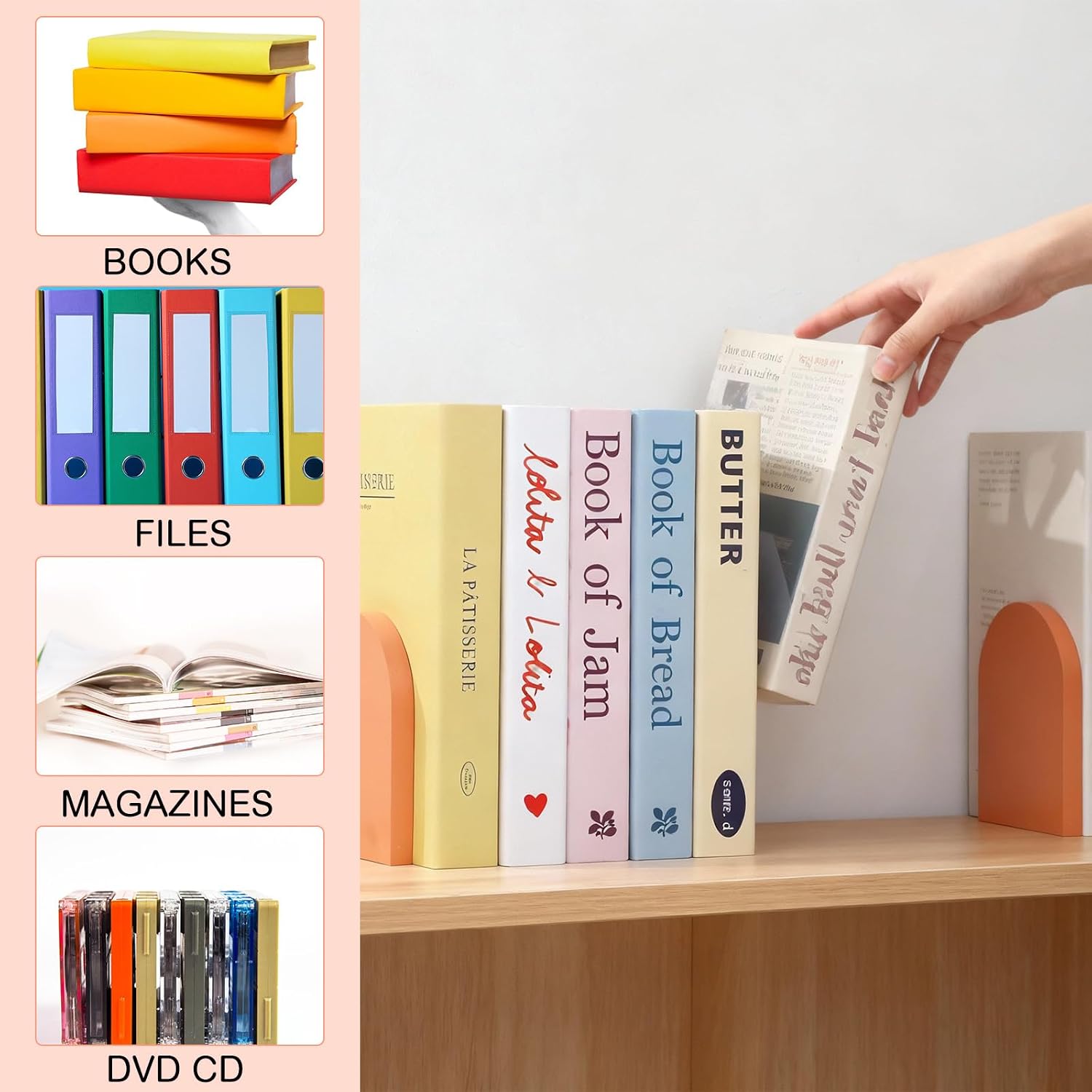 Honoson 4 Pcs Boho Wood Bookends Back to School Sage Green Wooden Book Stands Decorative Non Skid Book Stoppers for Books Cds Videos Albums Office Desktop Shelves (Orange)