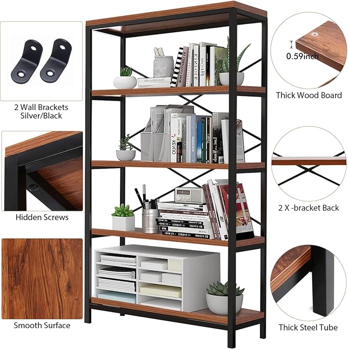 Himimi Industrial Bookshelf 5-Tier, Bookcase 58" H Ladder Shelf, Storage - Image 4