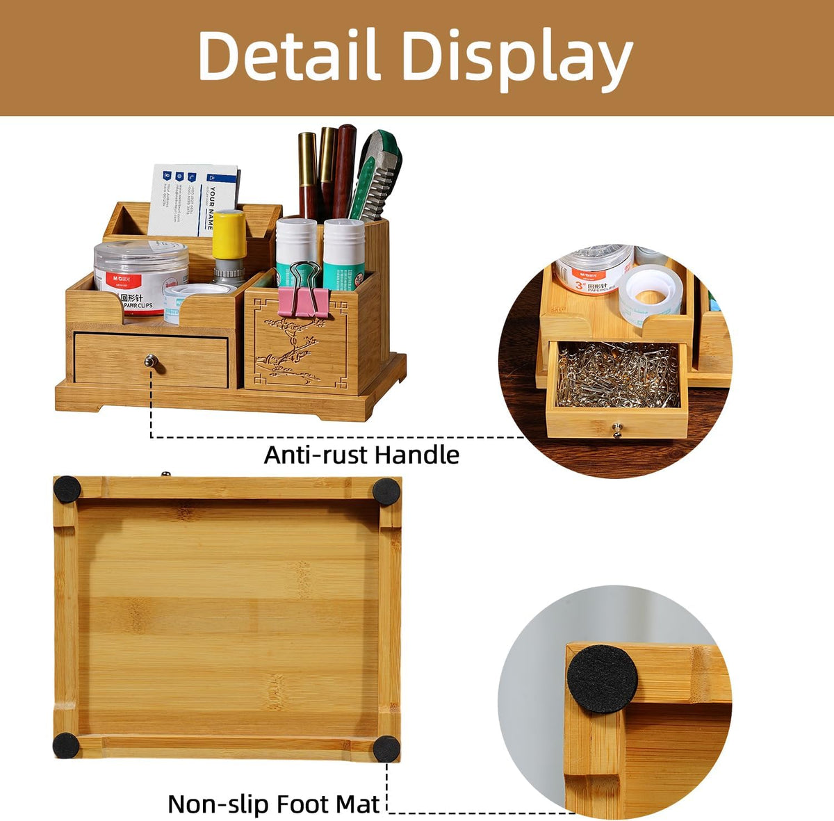 Bamboo Desk Organizer with Drawer & Pen Holder, Office Desk Caddy Storage