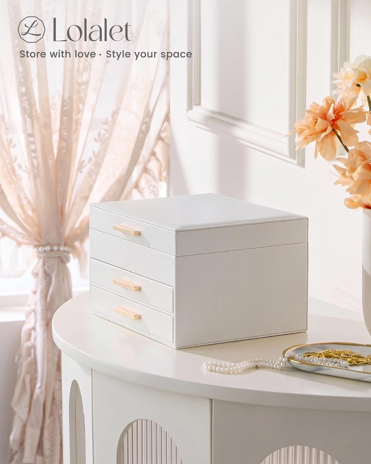 Lolalet 3-Layer Jewelry Box Organizer for Women Girls Room Decor -Beige