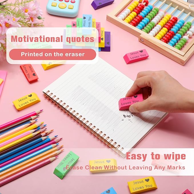 Yaomiao 180 Pcs Bulk Erasers for Kids Pencil Beveled Erasers Colorful Christian - Image 4