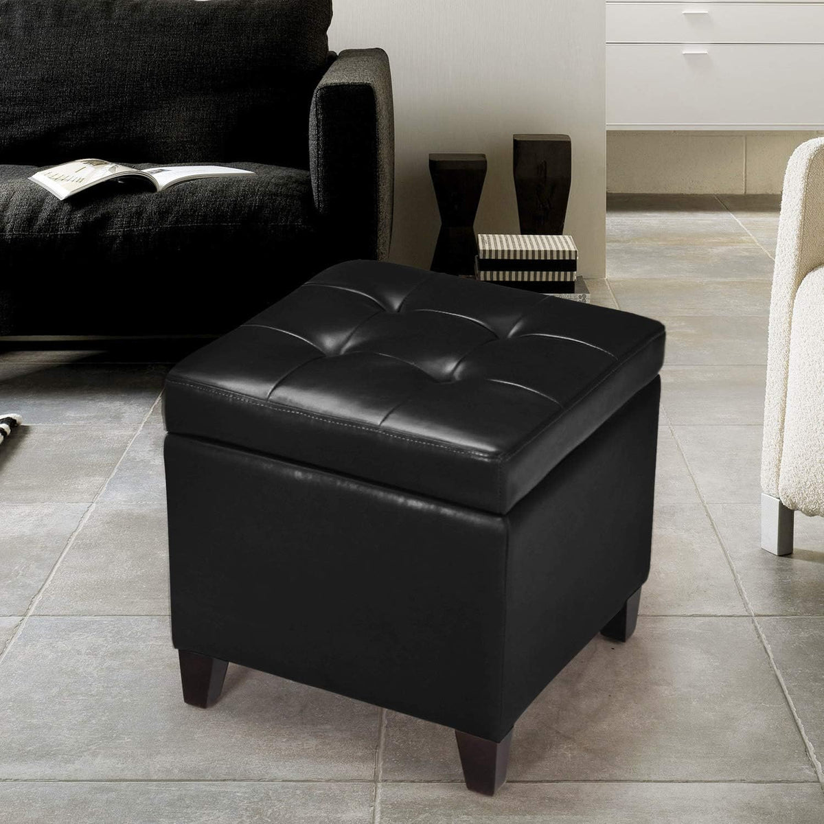 Adeco Storage Ottoman Foot Rest Stool, Leather Ottoman Footstool with Wood Le...
