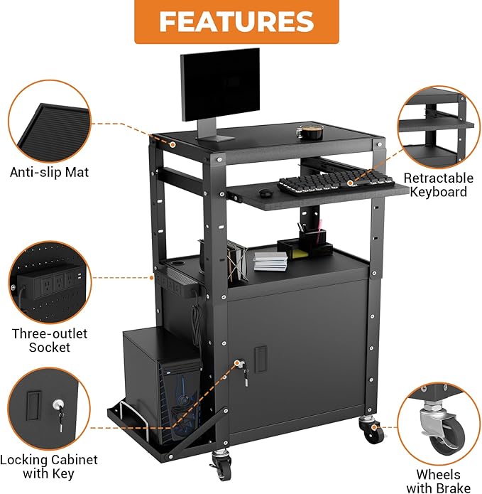 Mobile AV Cart with Side Shelves, Rolling Computer Cart Height Adjustable - Image 4