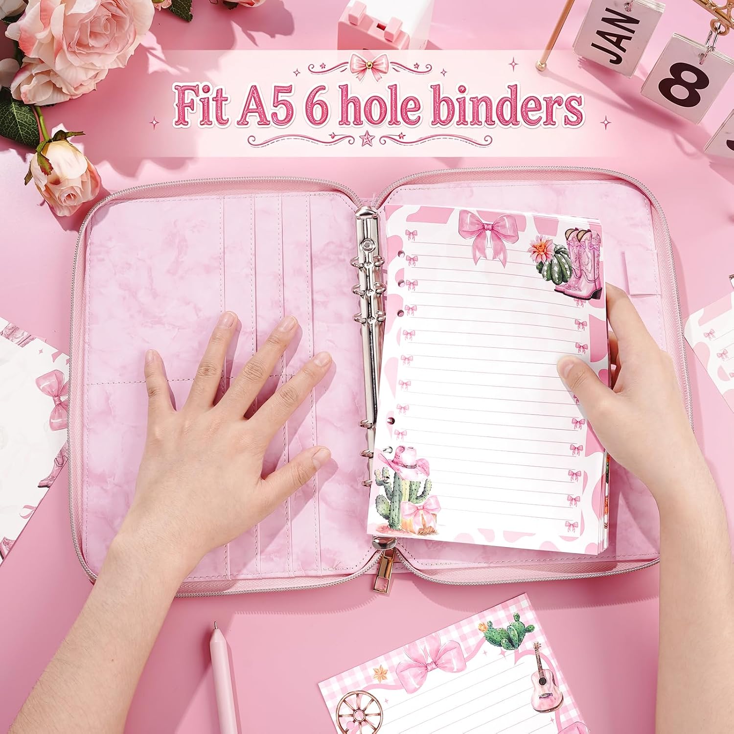 100 Sheets Cowgirl A5 Planner Inserts - 120GSM Thick Pink Bow Refill Paper for A5 6-Ring Binder, Western Cowgirl Boots 6 Hole Loose Leaf Sheets for Journal Diary Notebook Budget Creative Planning