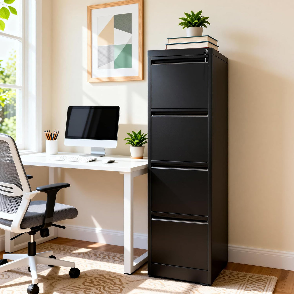 4 drawer file cabinet for home office, vertical shown in use