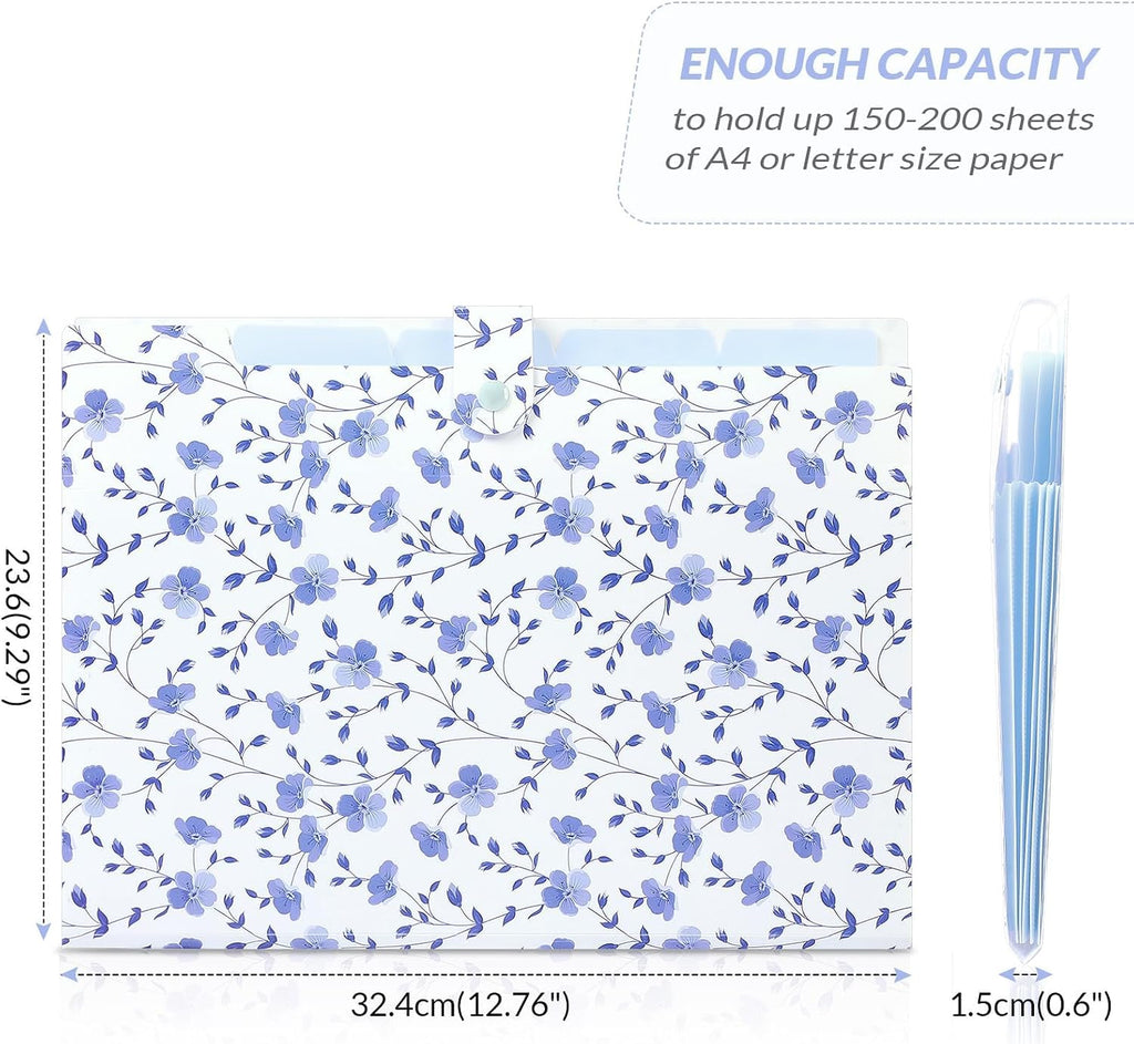 SKYDUE Expanding File Folder with 5 Pockets, Floral Accordion File Organizer for Important Document, Portable Receipt Paper Organizer, School Office Supplies,Blue
