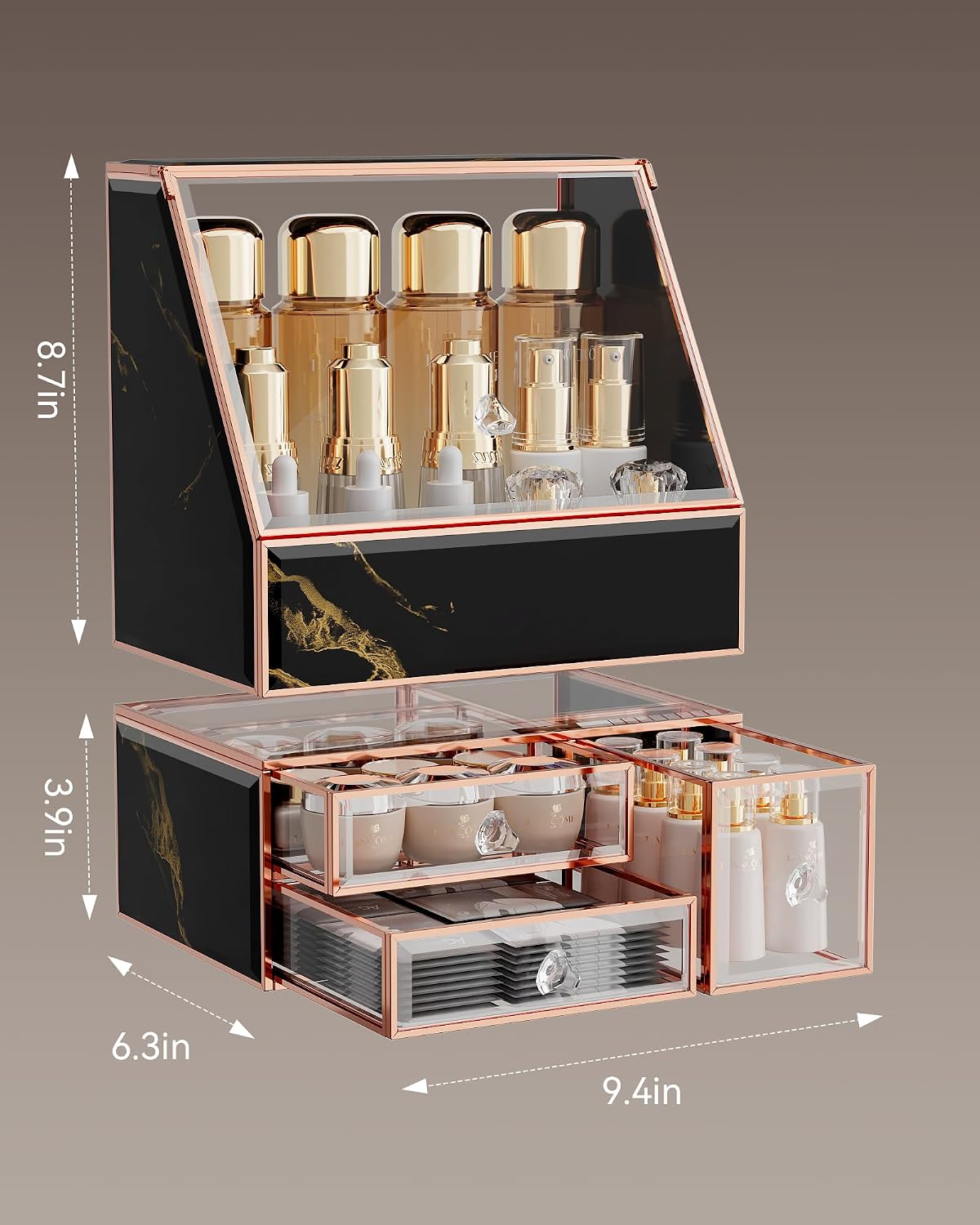 CoralHouse Glass Makeup Organizer with Lid and Drawer for Vanity, Black