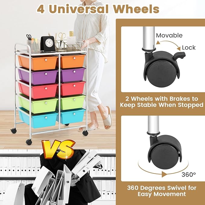 HAPPYGRILL 10-Drawer Rolling Storage Cart, Storage Organizer Cart - Image 5