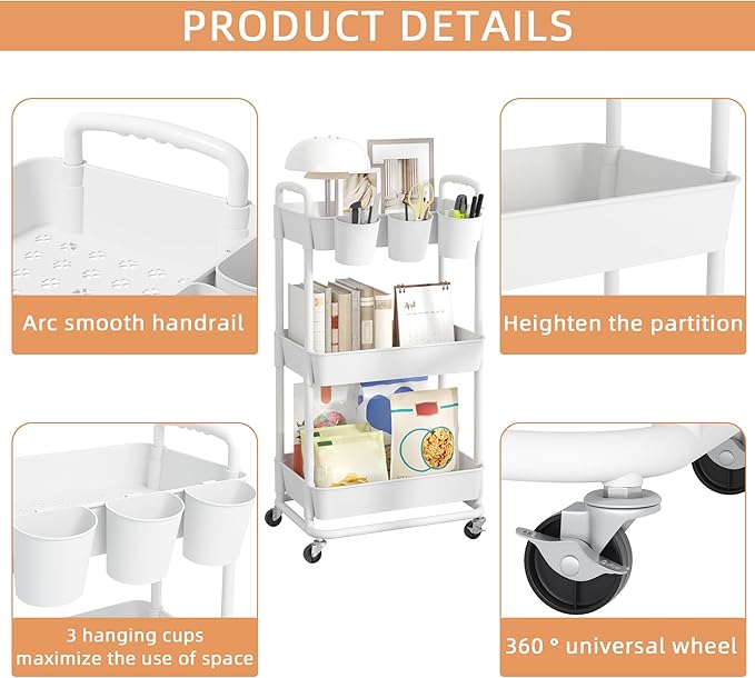 JIUYOTREE 3-Tier Plastic Rolling Storage Cart Utility Cart - Image 6
